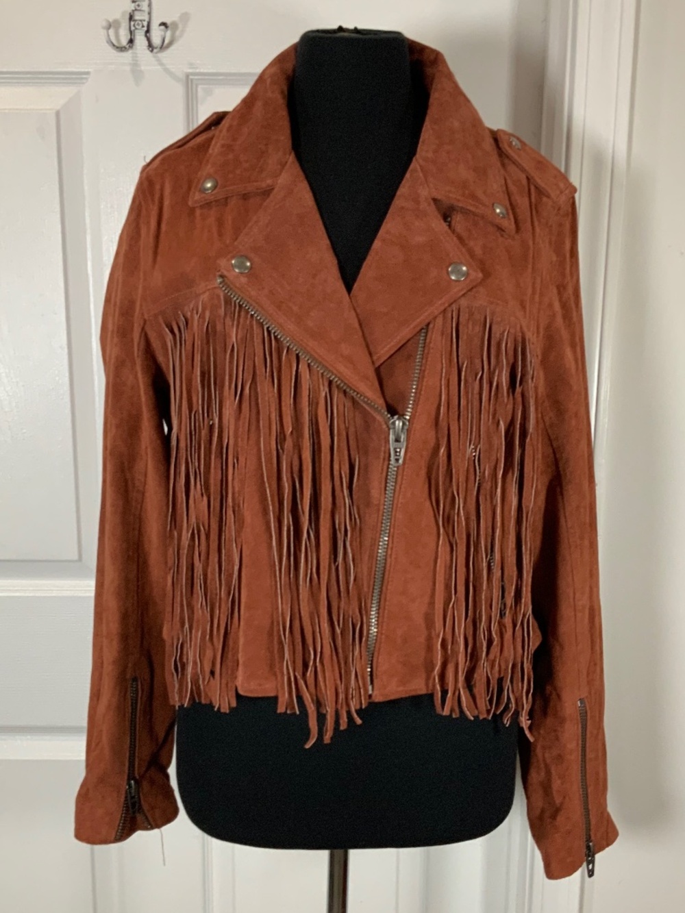 Blank NYC Rust Suede Leather Fringe Moto Biker Western Jacket Size Large Boho - Picture 10 of 10